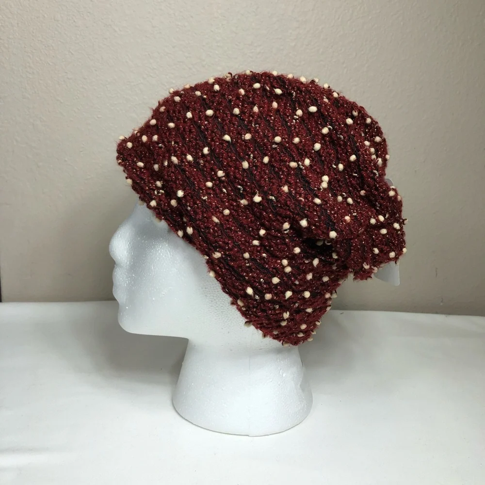 David & Young Knit Long Burgundy Black Ivory Tiny Pompons Stretchy Beanie Hat OS